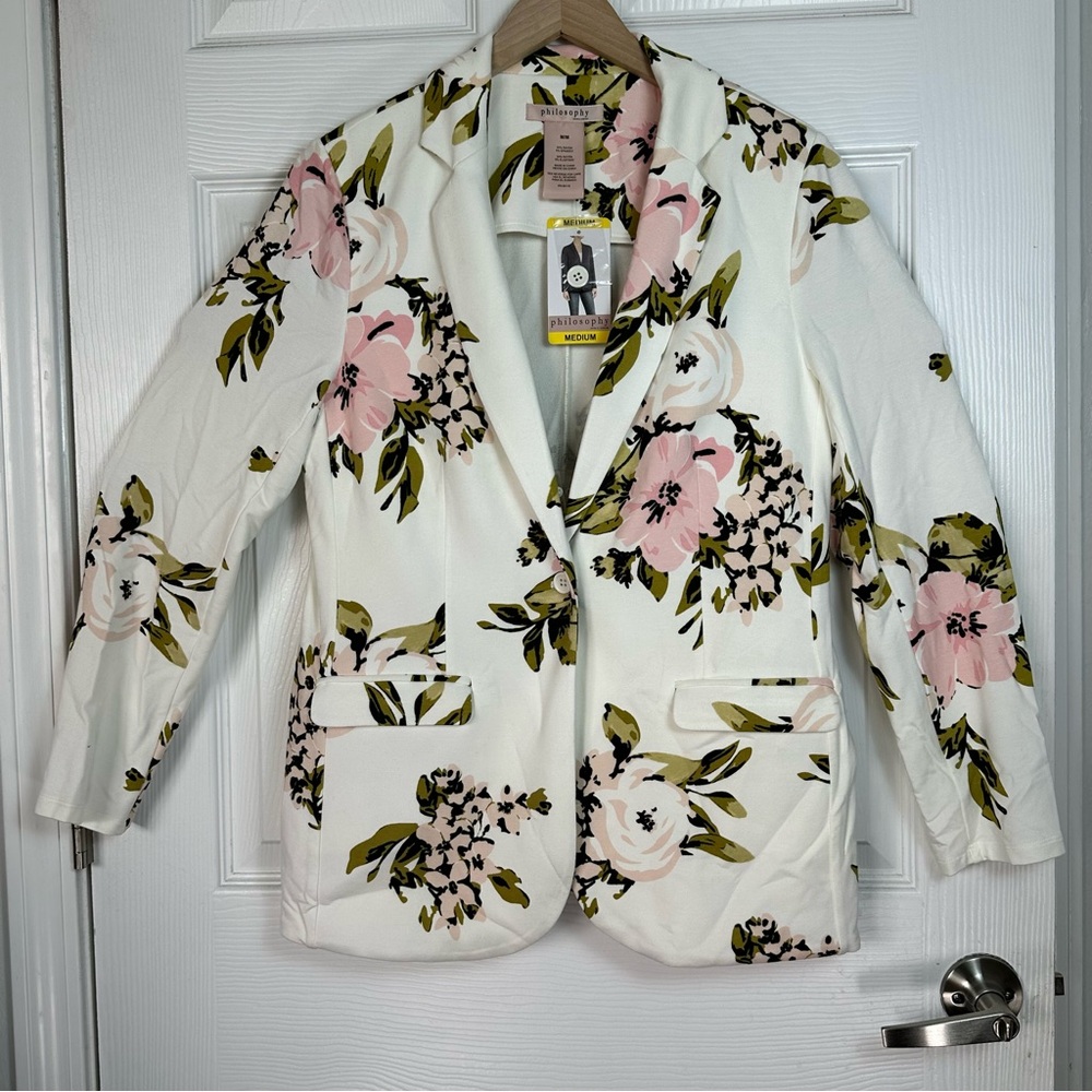 Philosophy Floral‎ Print Blazer Medium White Pink Green Jacket Spring Workwear